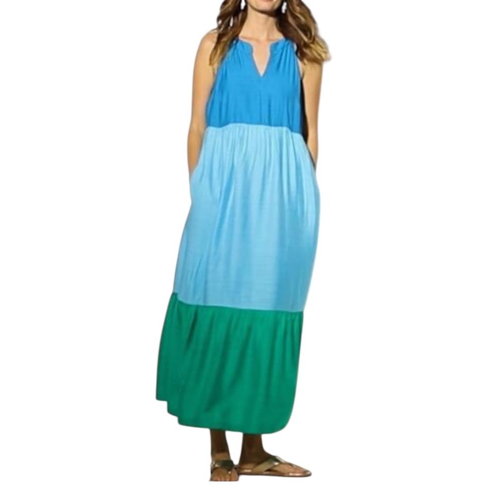 J. Jill Mediterranean Sleeveless Tiered Maxi Dress in Teal, Light Blue, Green